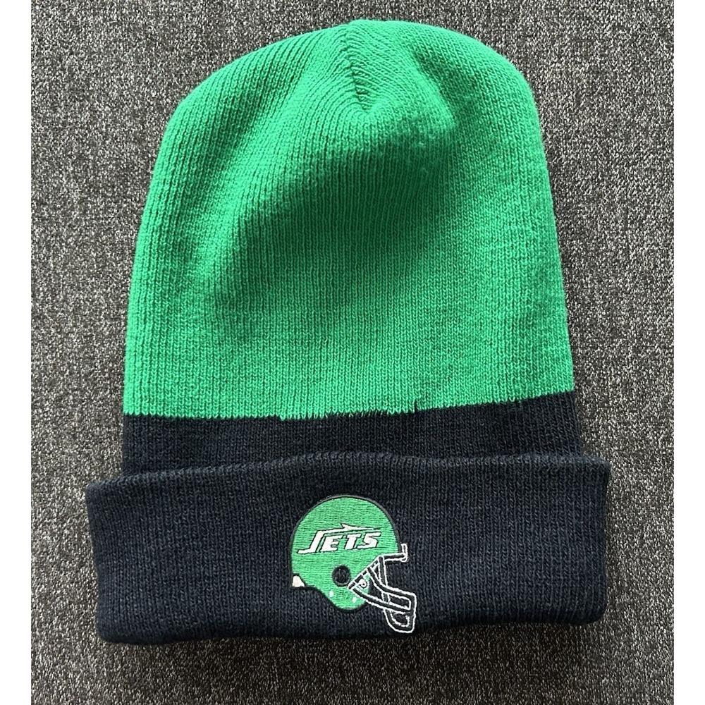 Vintage New York Jets cuffed Beanie Winter Knit Hat Cap made in USA vintage logo